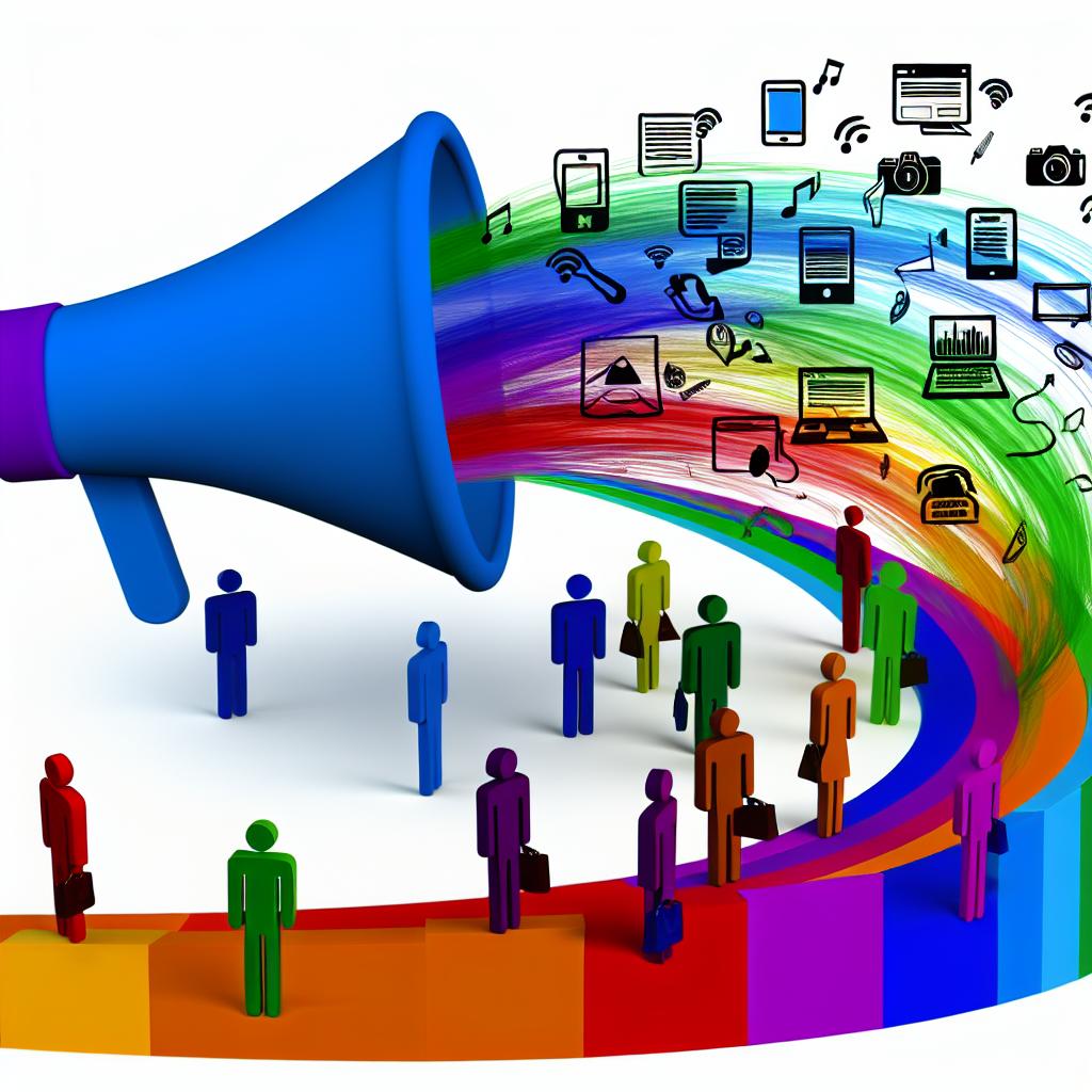 Um gráfico colorido que mostra um megafone com vários tipos de conteúdo (como postagens em blogs, postagens em mídias sociais, vídeos) saindo dele e atingindo um público diversificado.